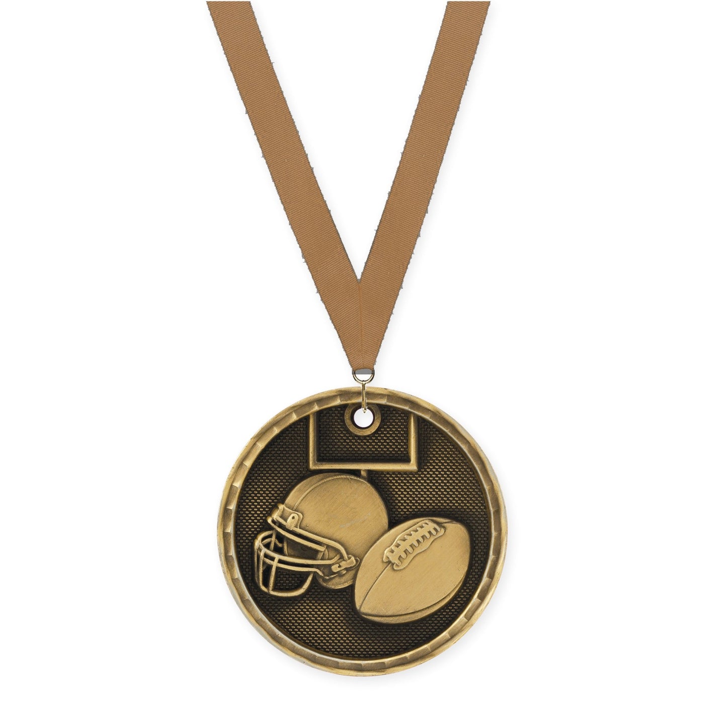 2 inch football 3-D medal in antique gold with Bronze Metallic neck ribbon