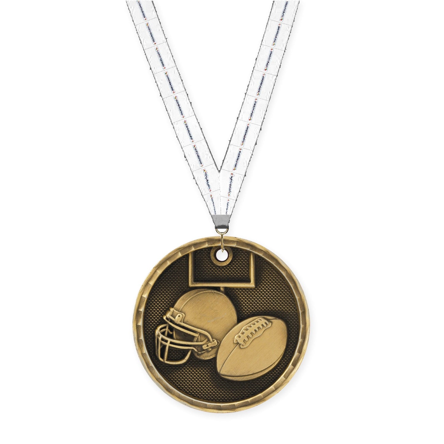 2 inch football 3-D medal in antique gold with Lamp Of Knowledge neck ribbon