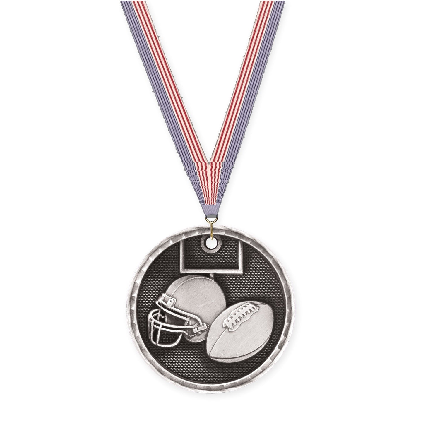 2 inch football 3-D medal in antique silver with USA Flag neck ribbon