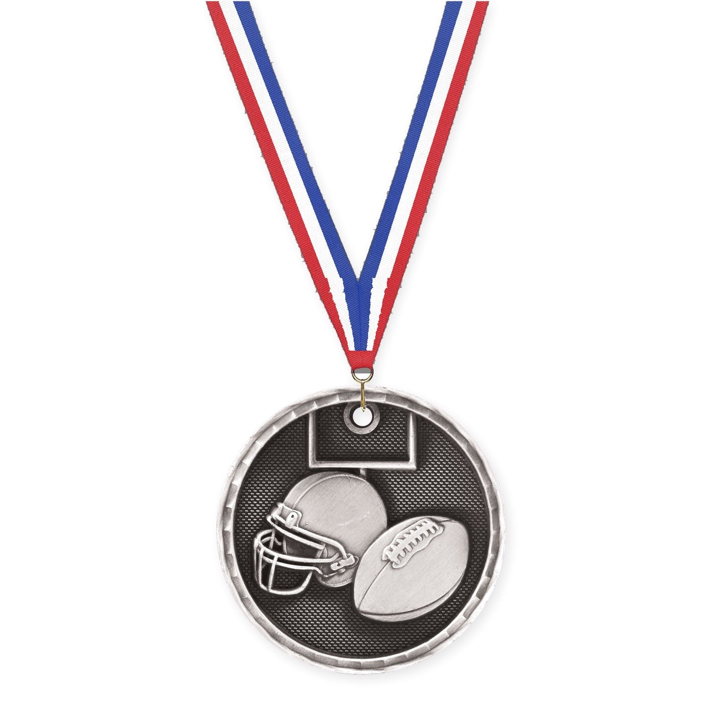 2 inch football 3-D medal in antique silver with Red White Blue neck ribbon