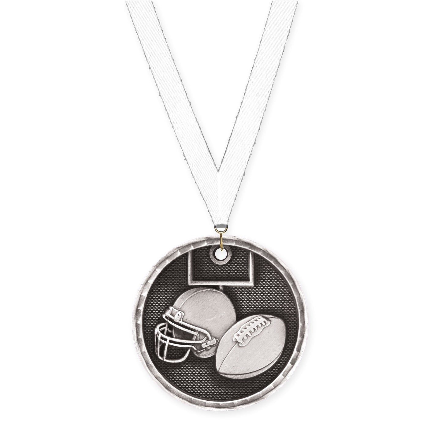 2 inch football 3-D medal in antique silver with White neck ribbon