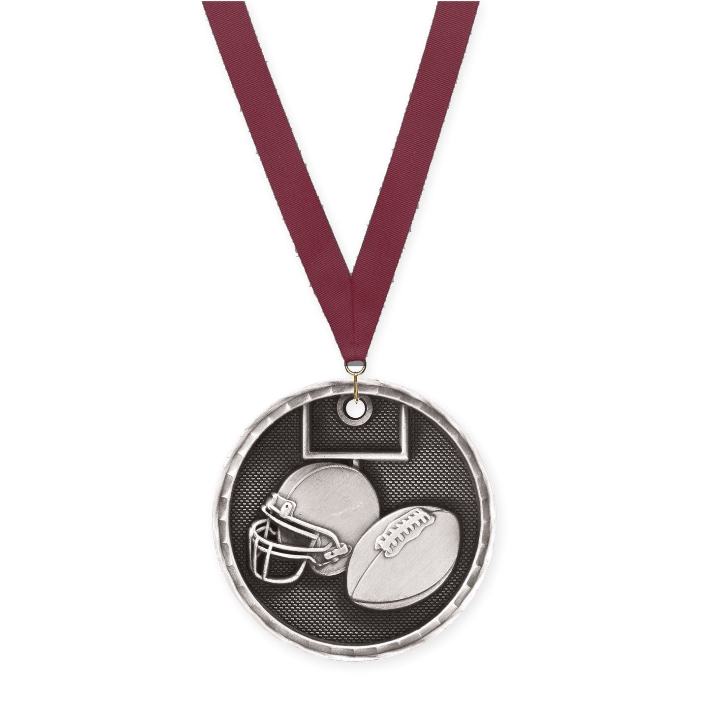 2 inch football 3-D medal in antique silver with Maroon neck ribbon