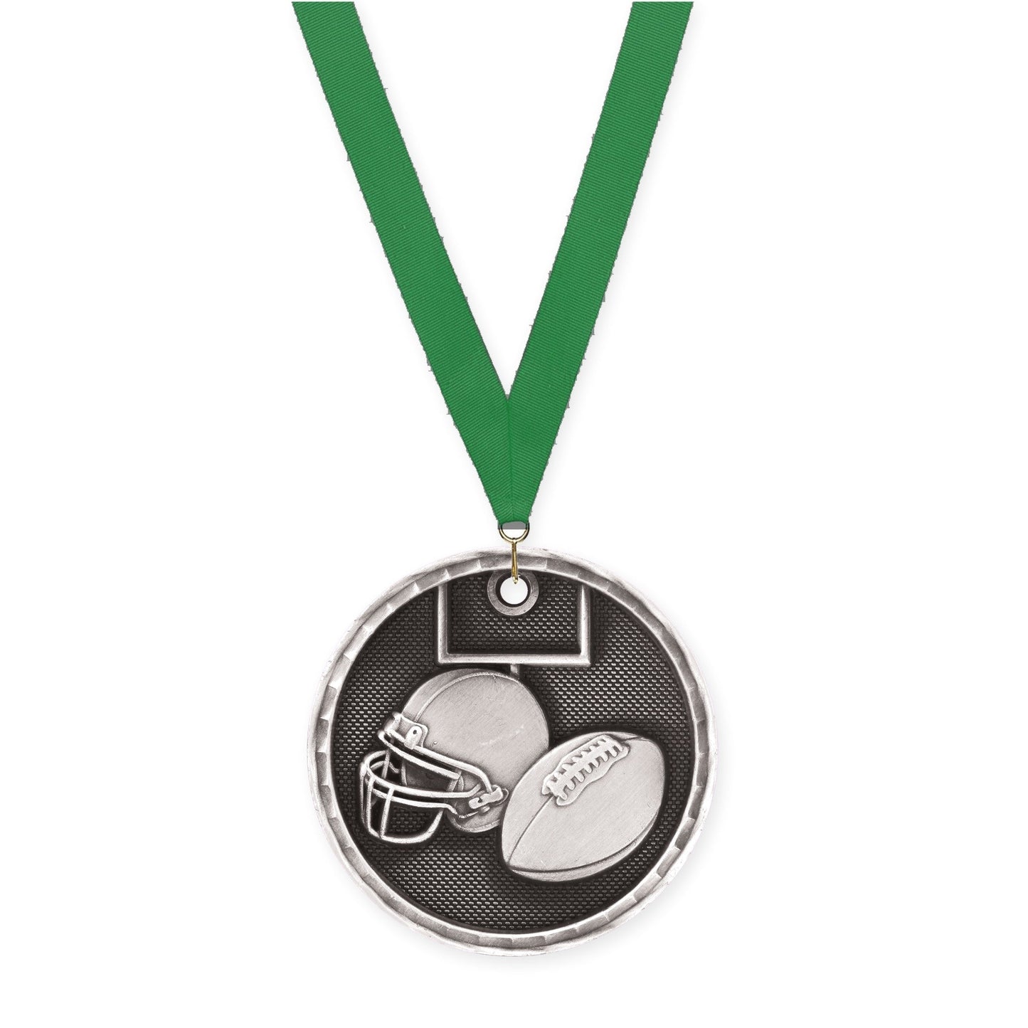 2 inch football 3-D medal in antique silver with Green neck ribbon
