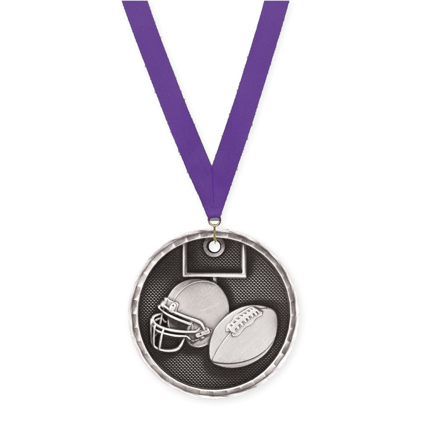 2 inch football 3-D medal in antique silver with Purple neck ribbon