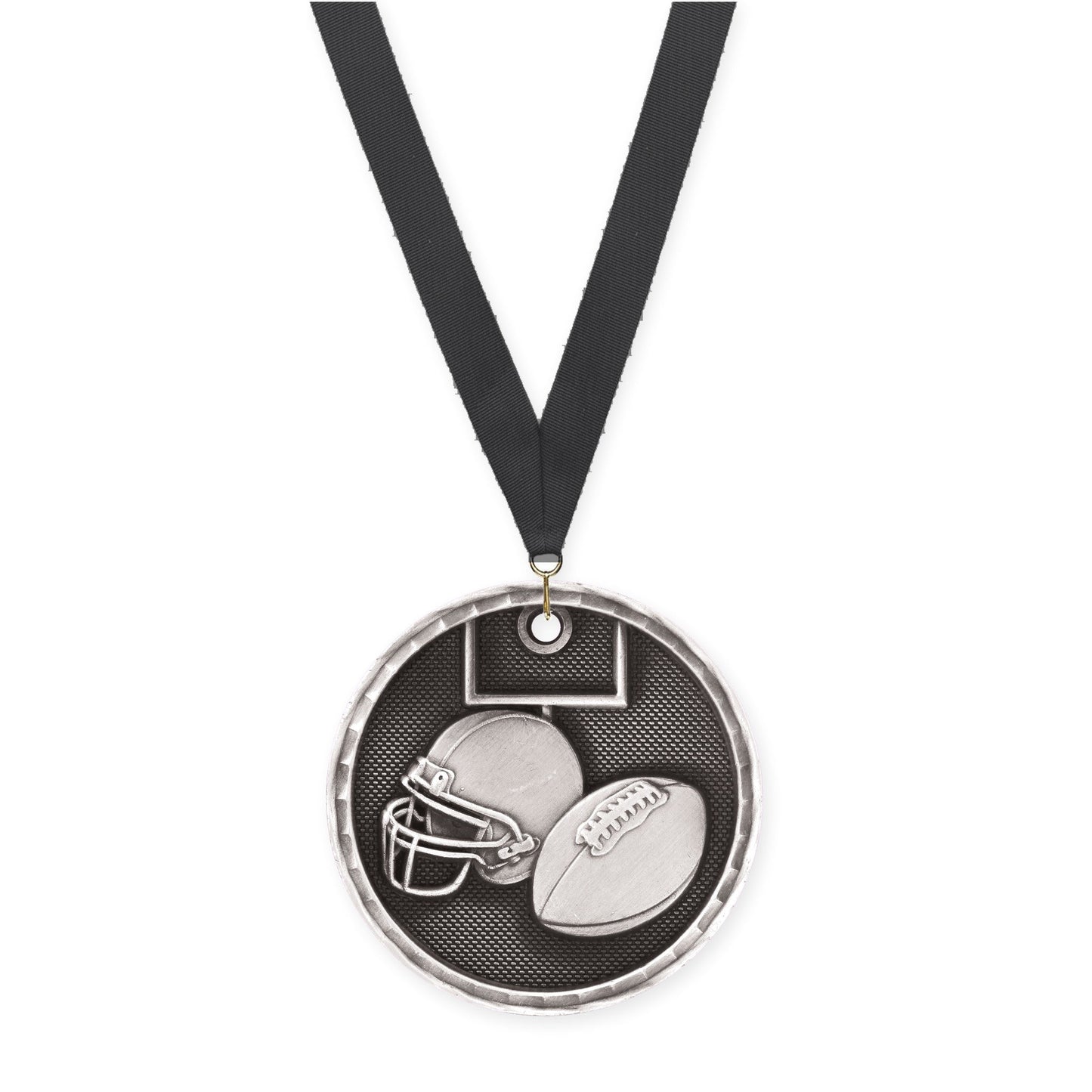 2 inch football 3-D medal in antique silver with Black neck ribbon