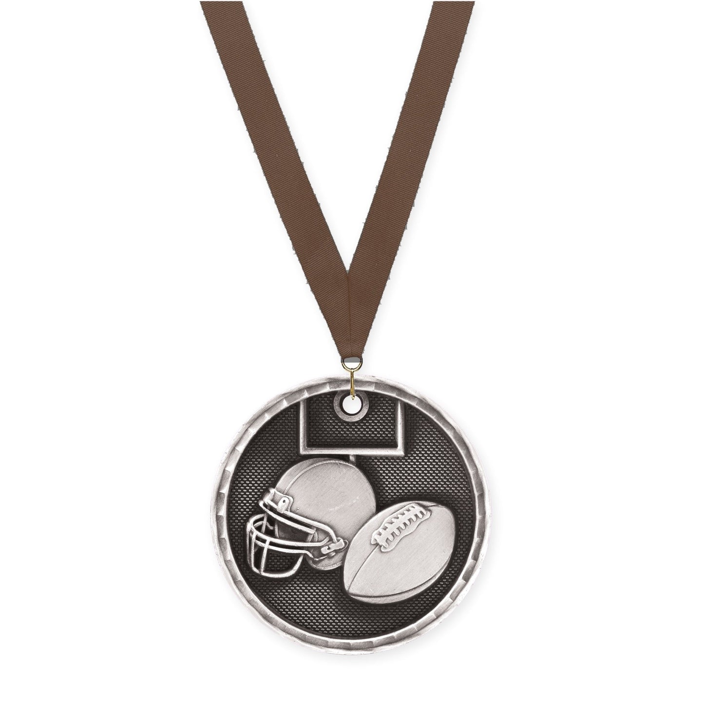 2 inch football 3-D medal in antique silver with Brown neck ribbon