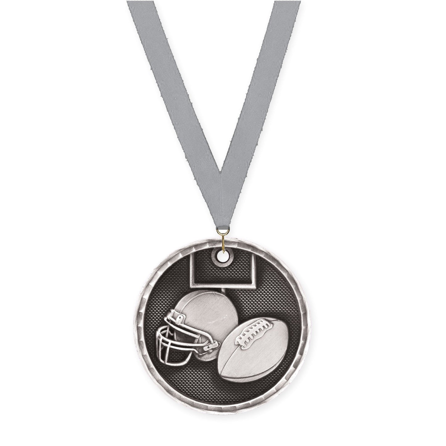 2 inch football 3-D medal in antique silver with Gray neck ribbon