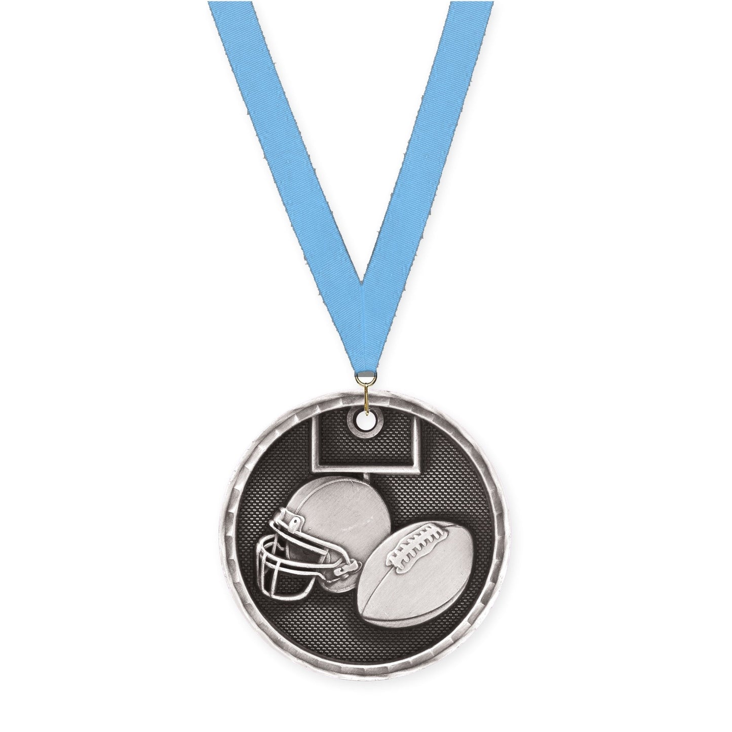 2 inch football 3-D medal in antique silver with Light Blue neck ribbon