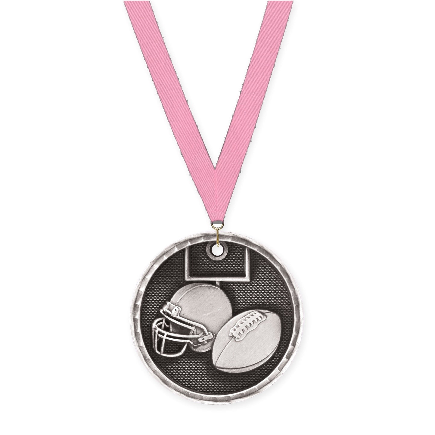 2 inch football 3-D medal in antique silver with Pink neck ribbon