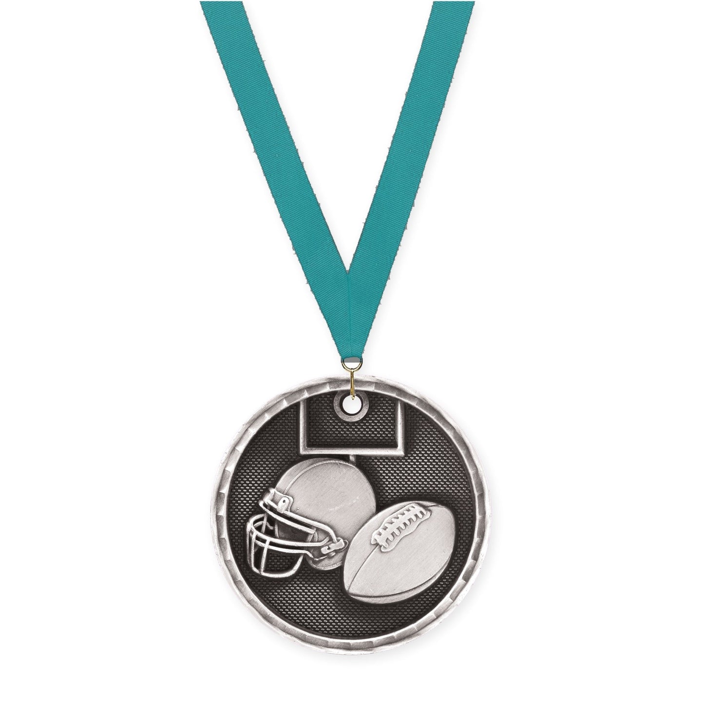 2 inch football 3-D medal in antique silver with Teal neck ribbon