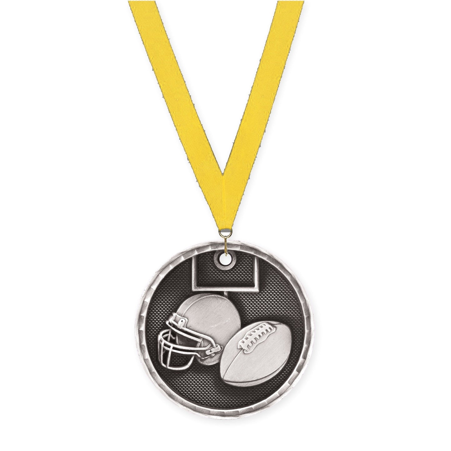 2 inch football 3-D medal in antique silver with Yellow neck ribbon