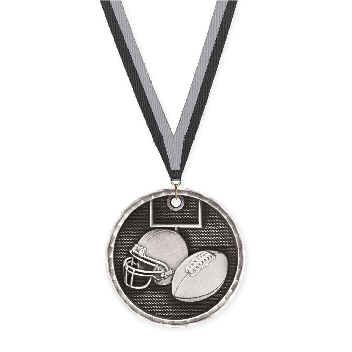 2 inch football 3-D medal in antique silver with Black Gray neck ribbon