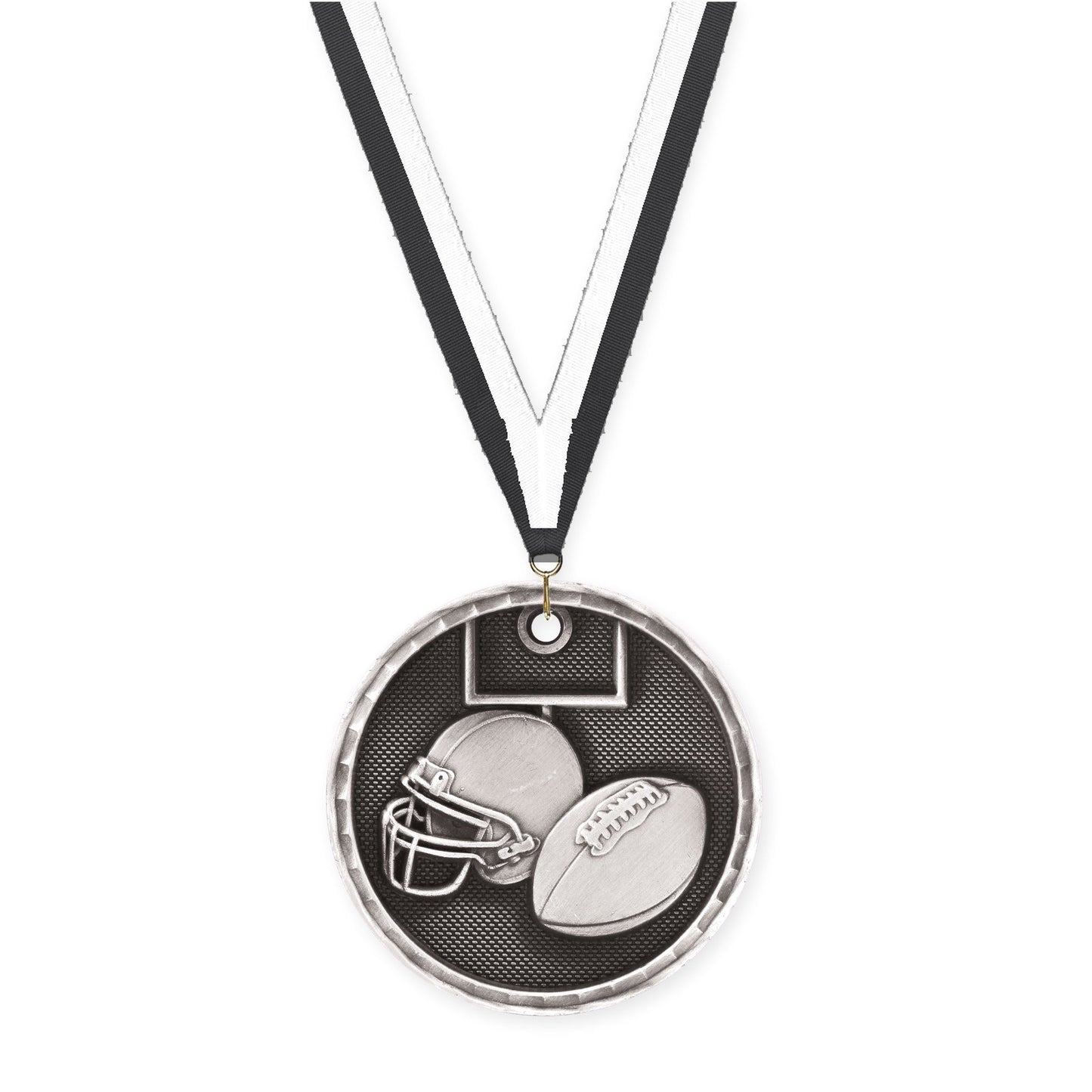 2 inch football 3-D medal in antique silver with Black White neck ribbon