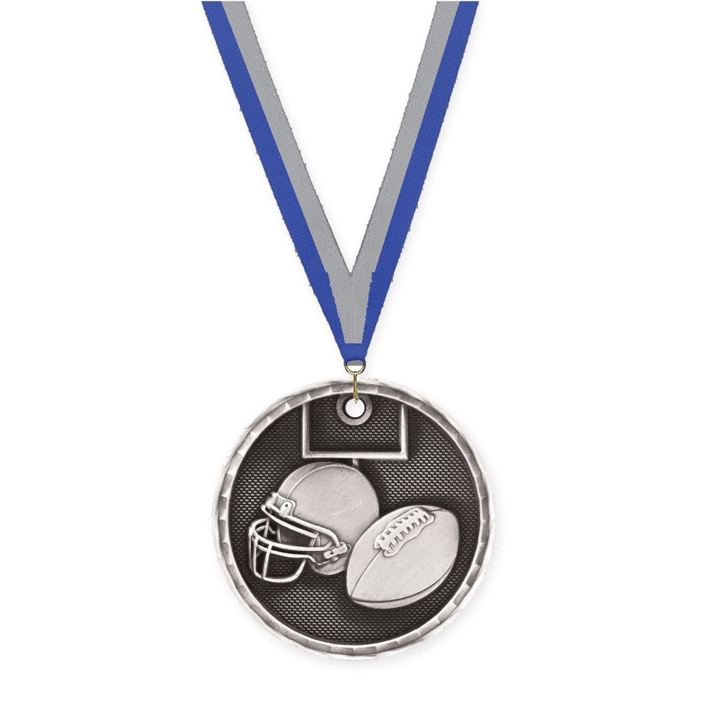 2 inch football 3-D medal in antique silver with Blue Gray neck ribbon