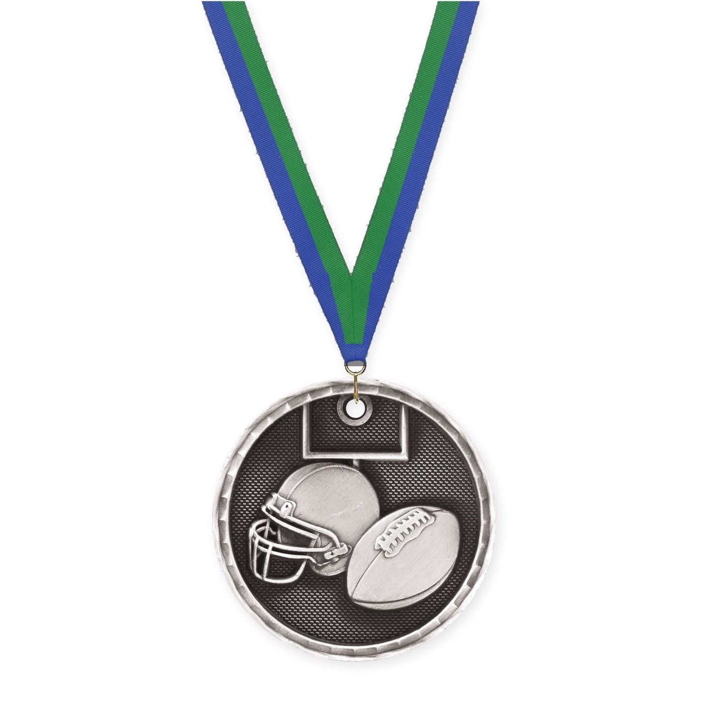 2 inch football 3-D medal in antique silver with Blue Green neck ribbon