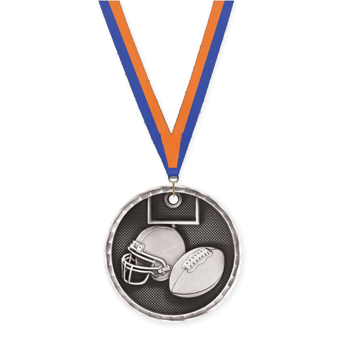 2 inch football 3-D medal in antique silver with Blue Orange neck ribbon