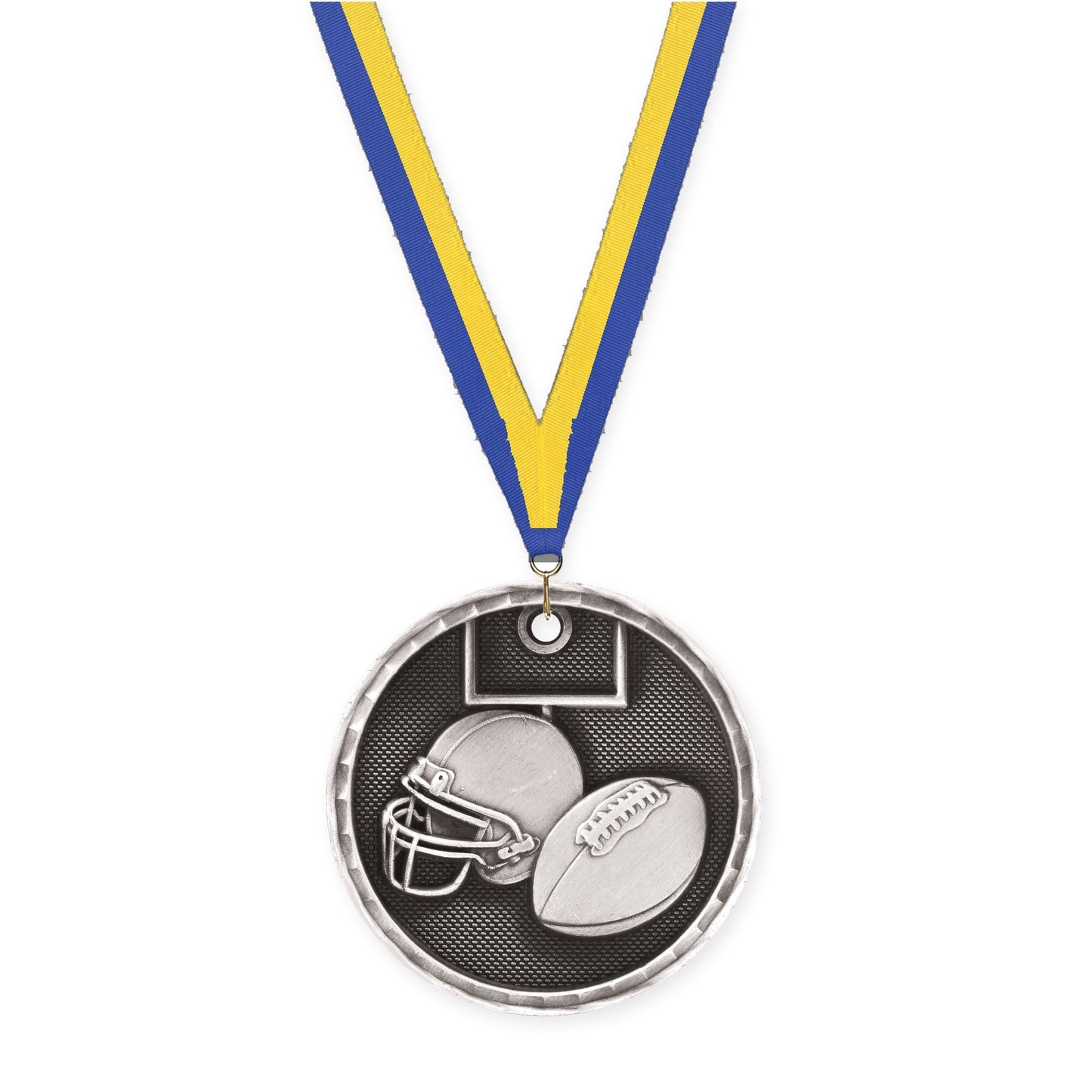 2 inch football 3-D medal in antique silver with Blue Yellow neck ribbon