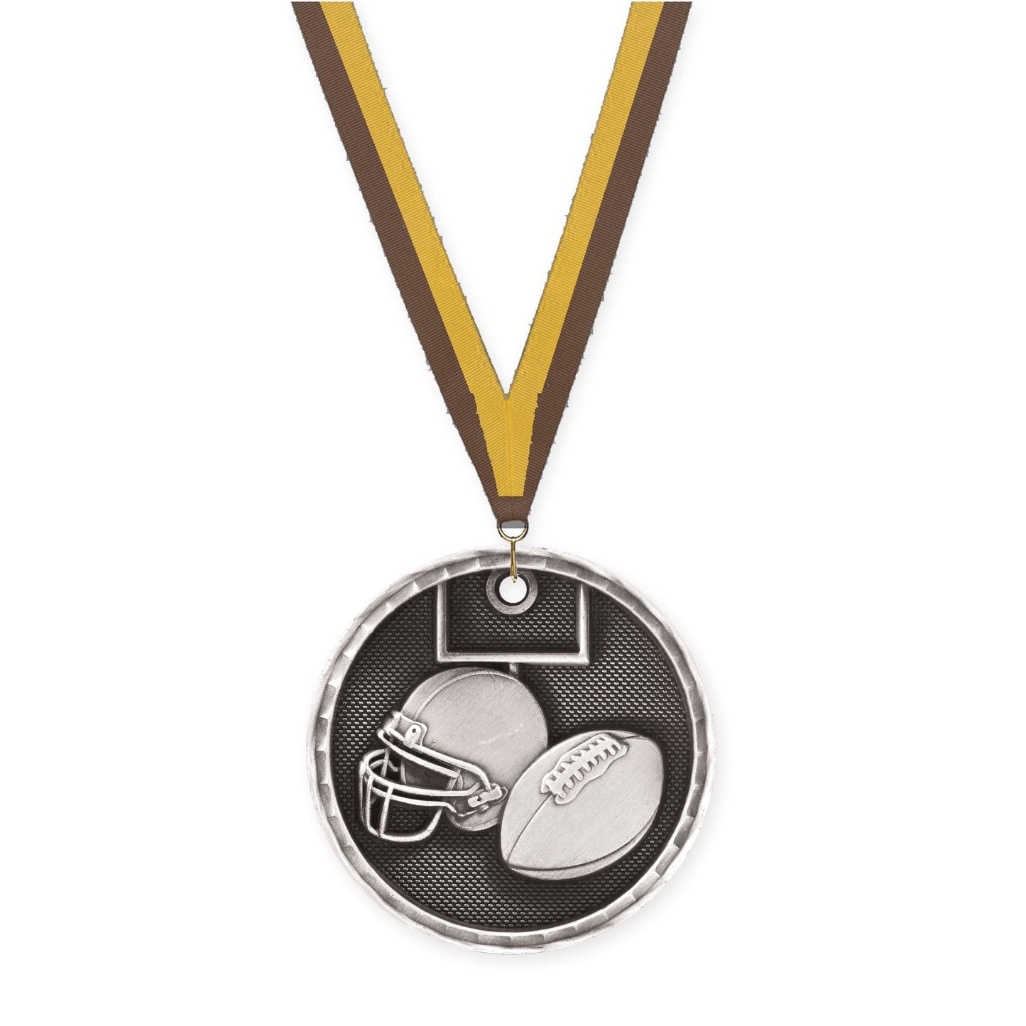 2 inch football 3-D medal in antique silver with Brown Gold neck ribbon