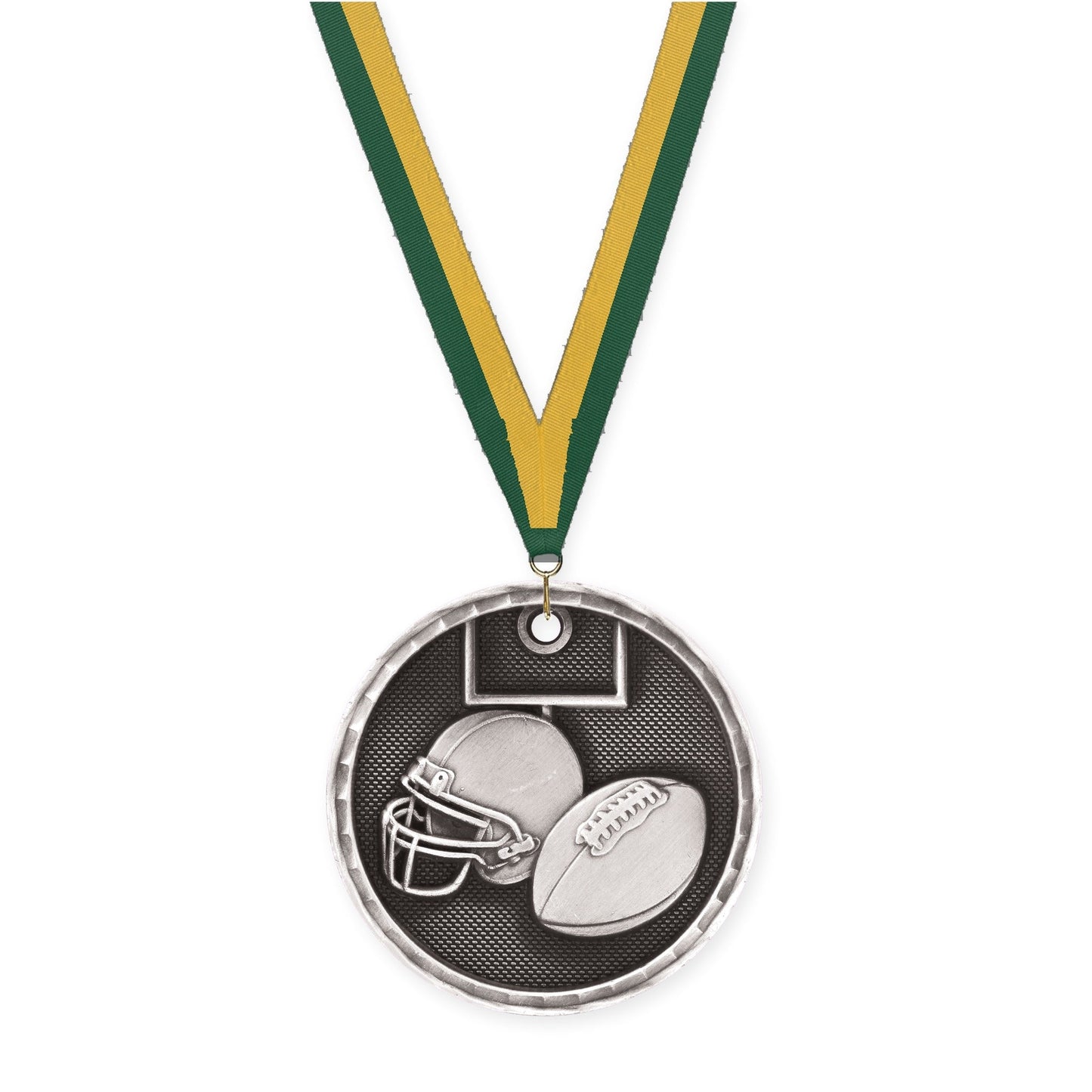 2 inch football 3-D medal in antique silver with Hunter Green Gold neck ribbon