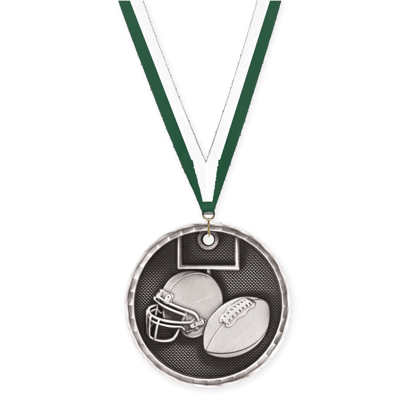 2 inch football 3-D medal in antique silver with Hunter Green White neck ribbon