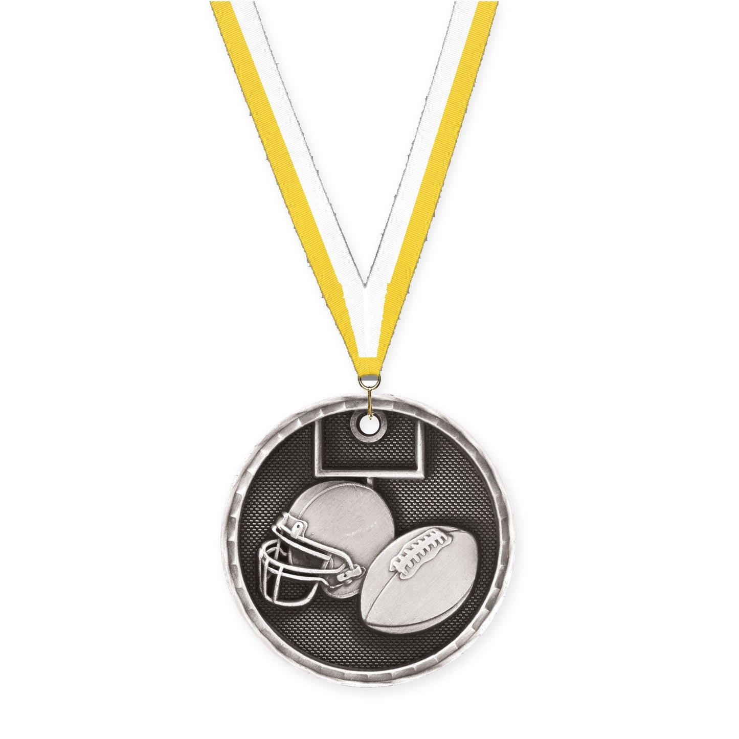 2 inch football 3-D medal in antique silver with Yellow White neck ribbon