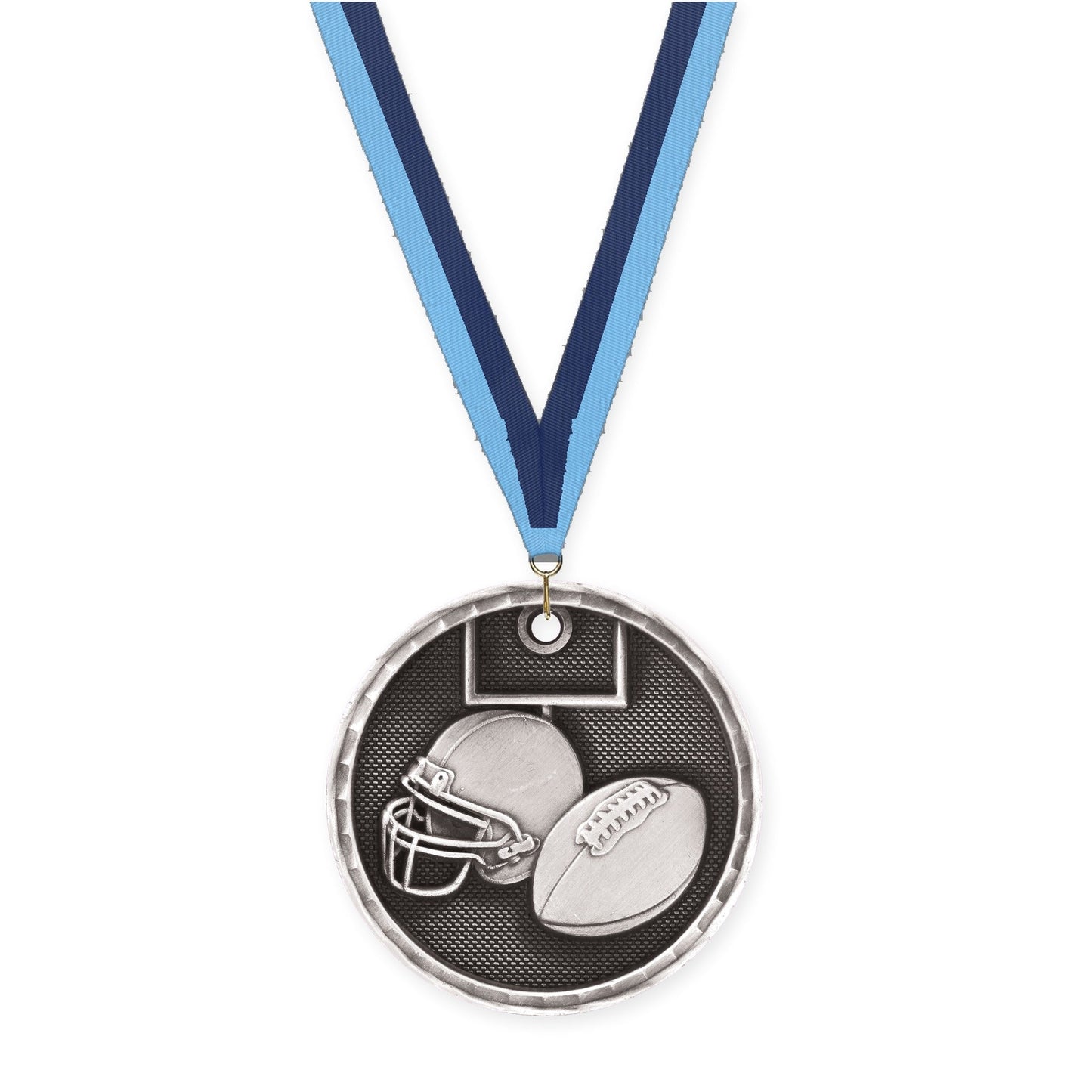 2 inch football 3-D medal in antique silver with Light Blue Navy neck ribbon