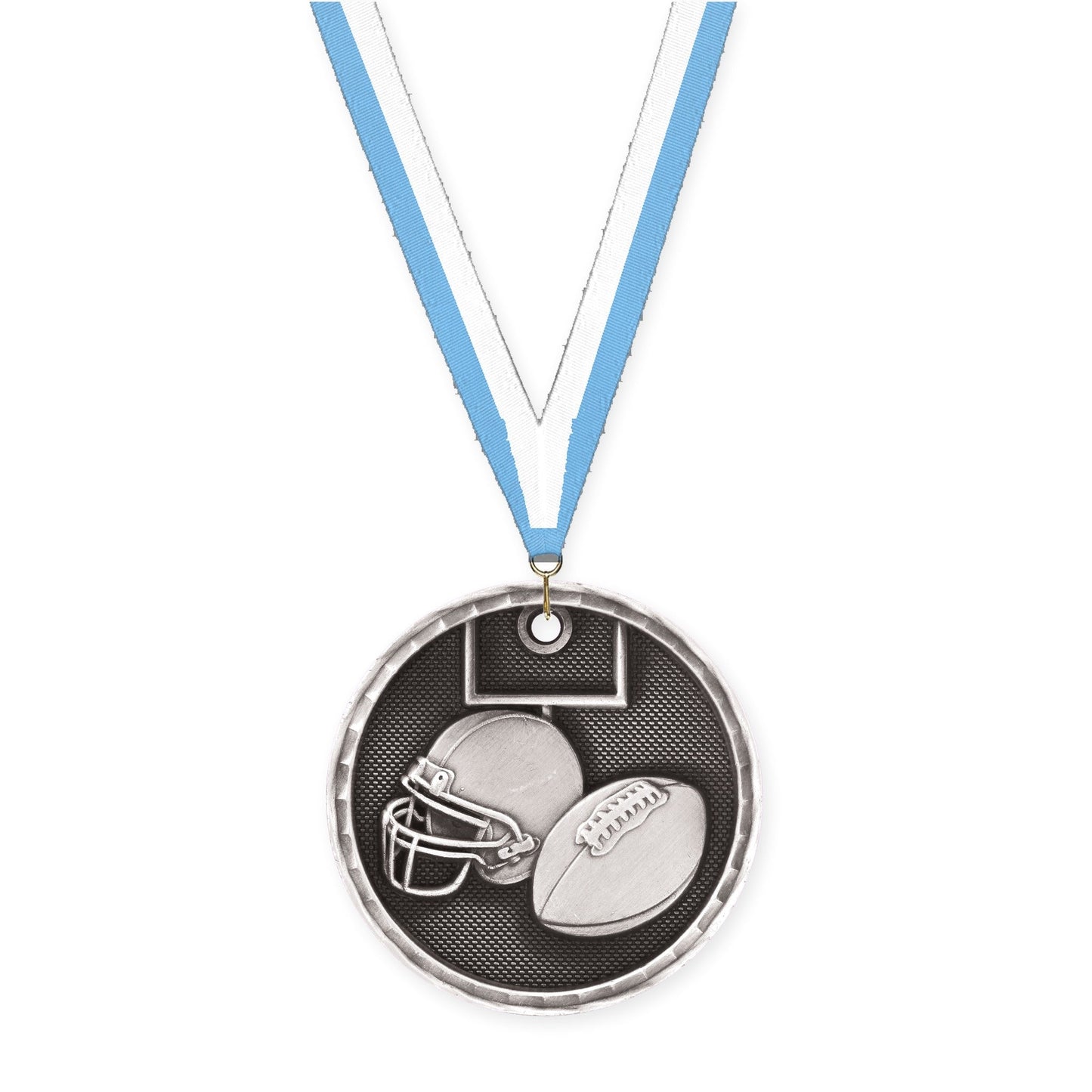 2 inch football 3-D medal in antique silver with Light Blue White neck ribbon