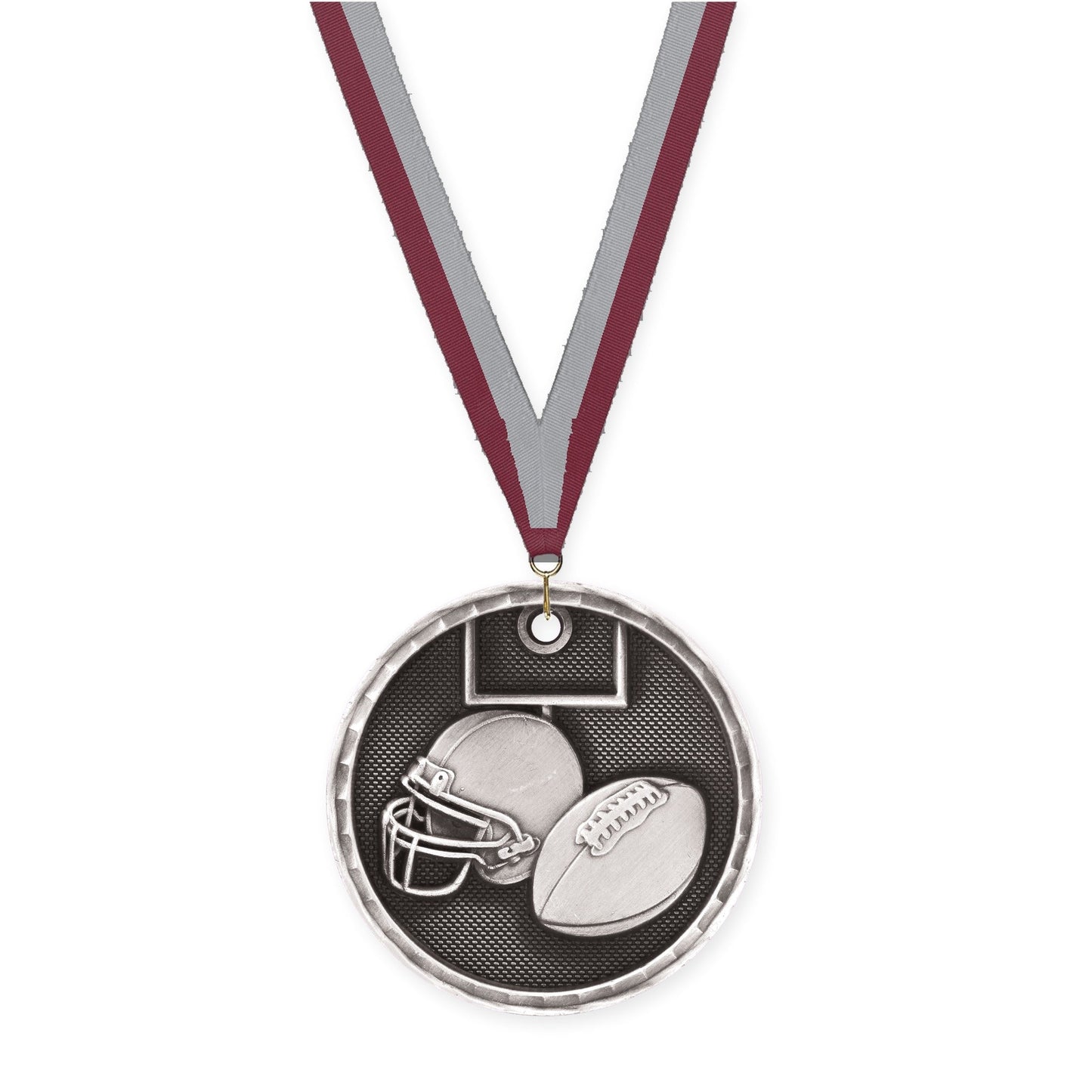 2 inch football 3-D medal in antique silver with Maroon Gray neck ribbon