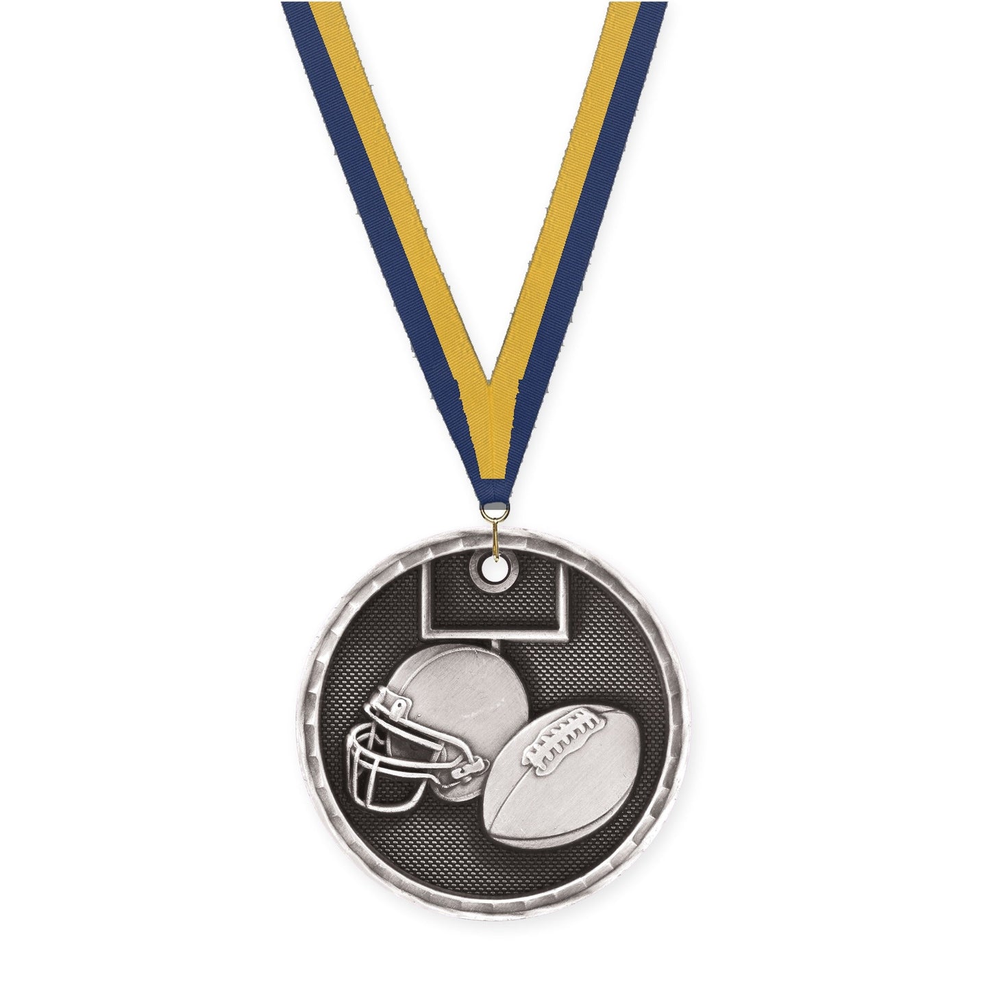 2 inch football 3-D medal in antique silver with Navy Gold neck ribbon