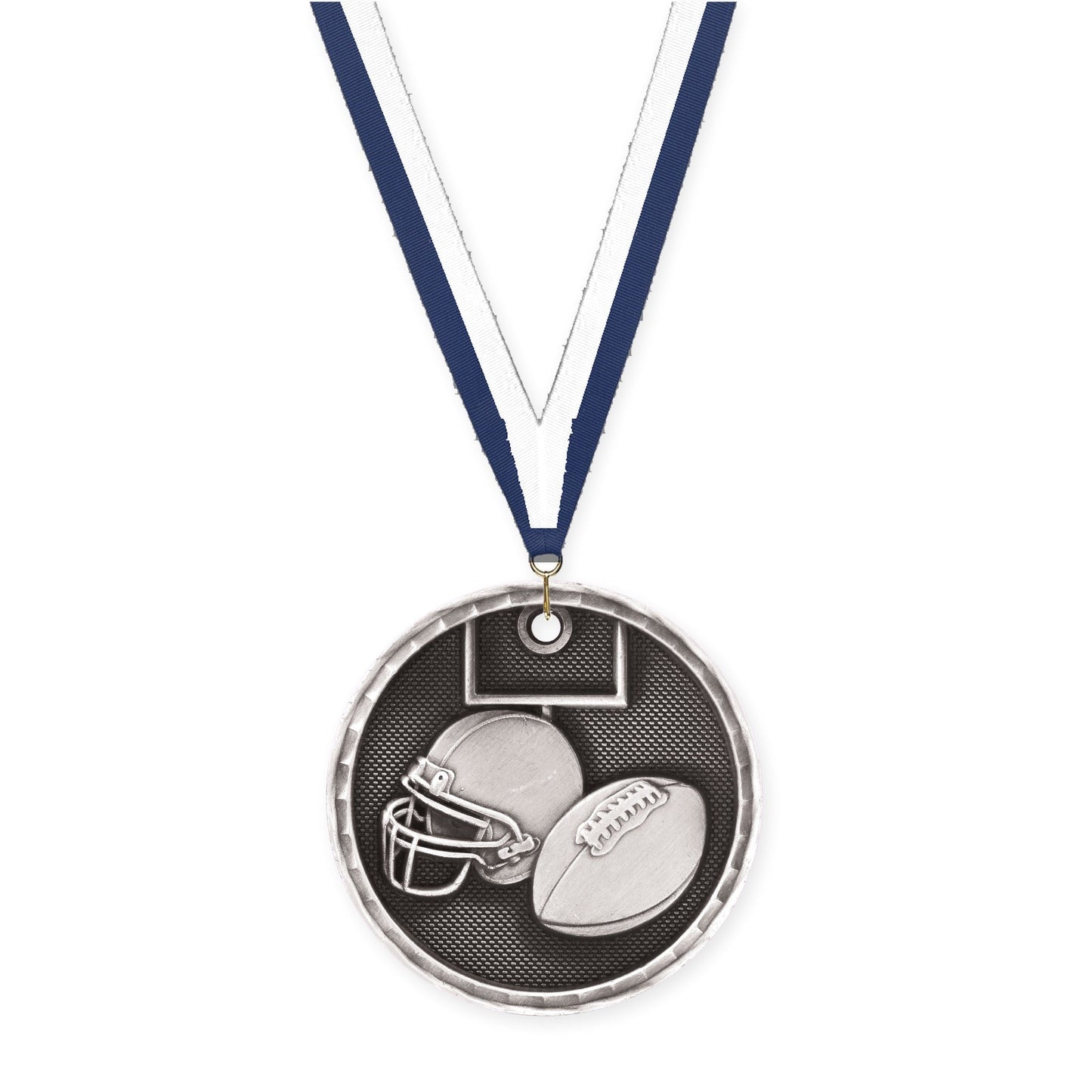 2 inch football 3-D medal in antique silver with Navy White neck ribbon