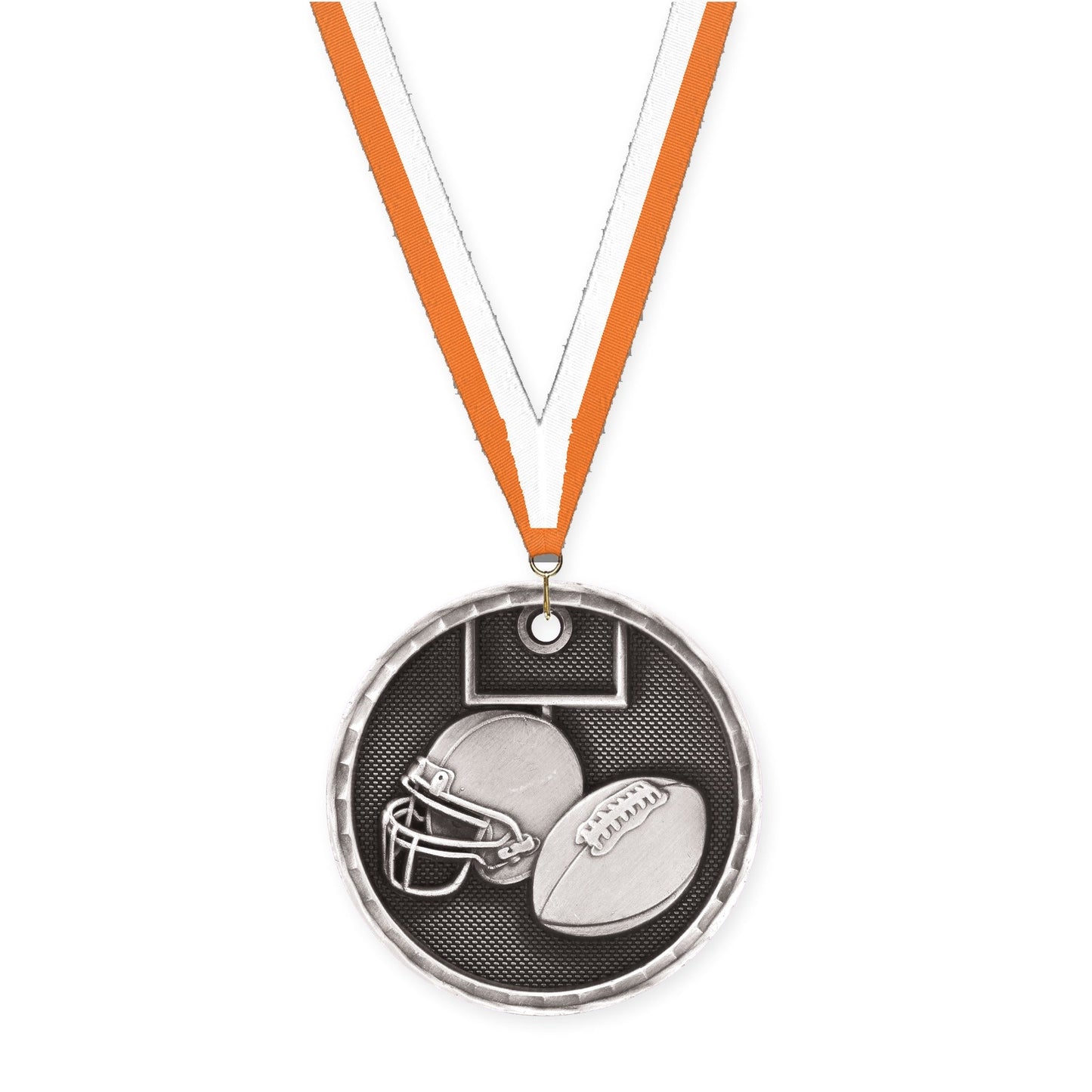 2 inch football 3-D medal in antique silver with Orange White neck ribbon