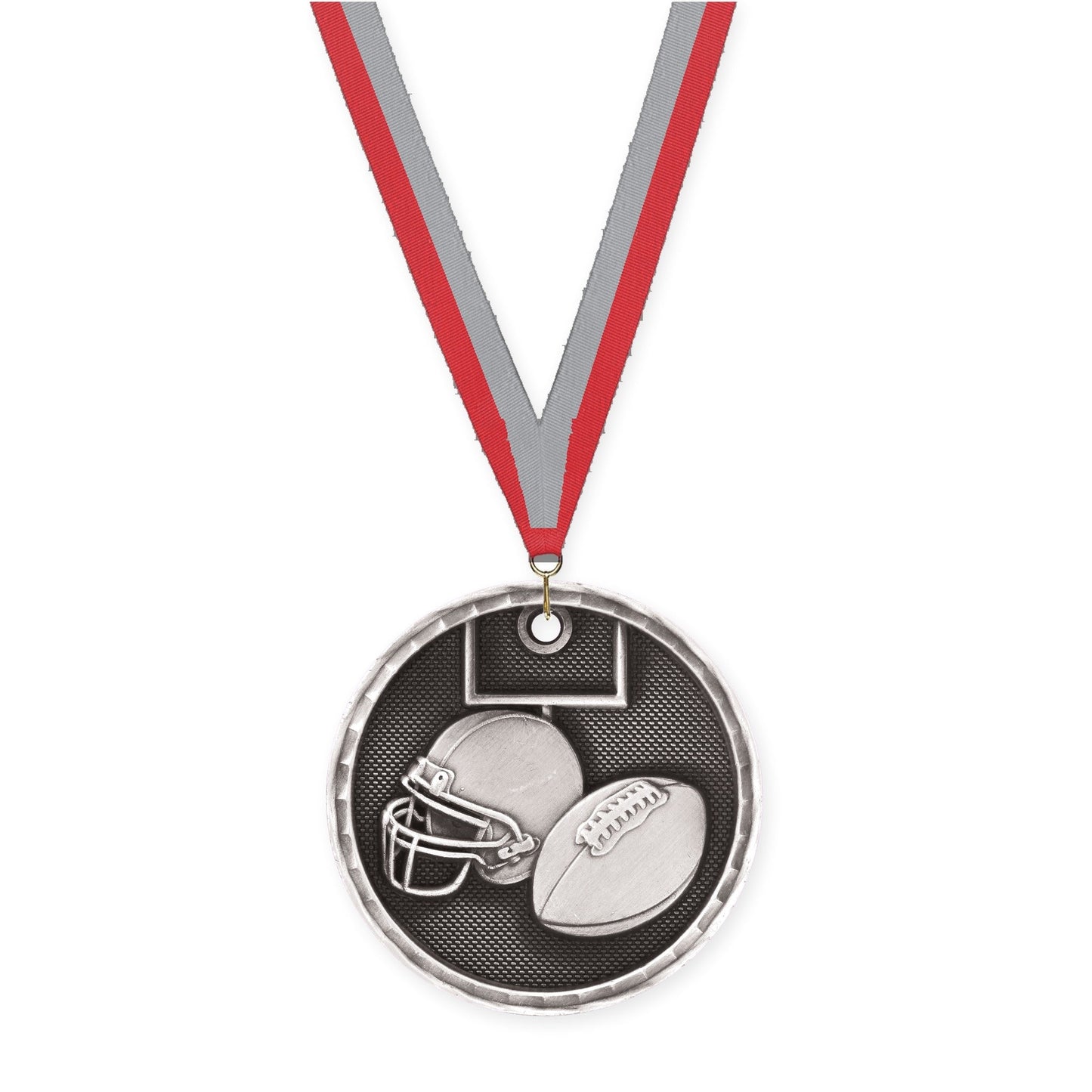 2 inch football 3-D medal in antique silver with Red Gray neck ribbon