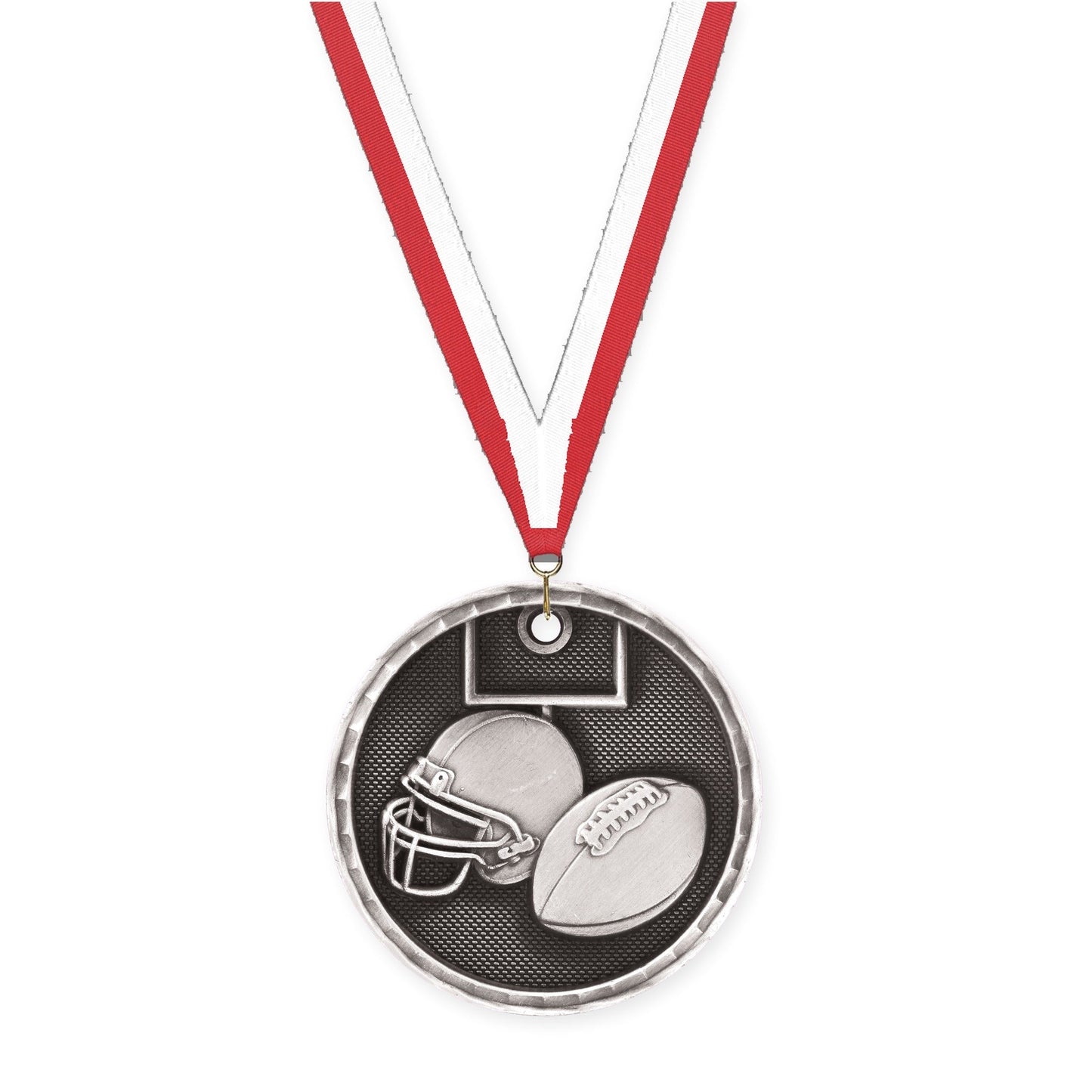 2 inch football 3-D medal in antique silver with Red White neck ribbon