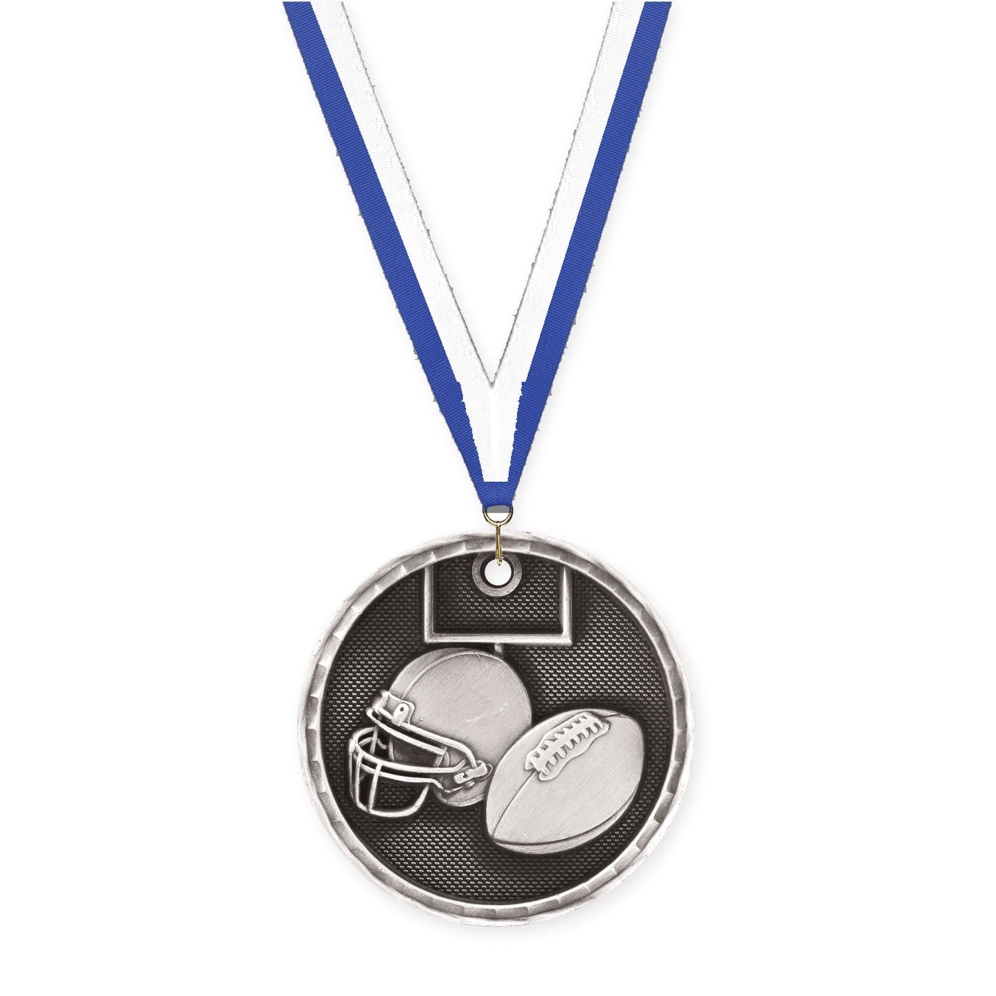 2 inch football 3-D medal in antique silver with Blue White neck ribbon