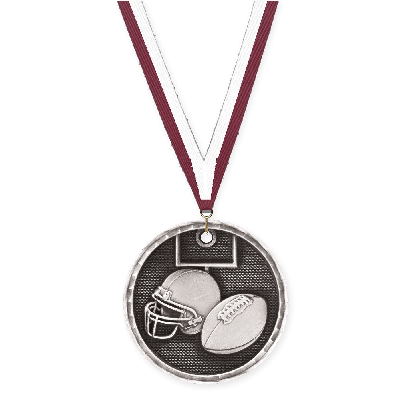 2 inch football 3-D medal in antique silver with Maroon White neck ribbon