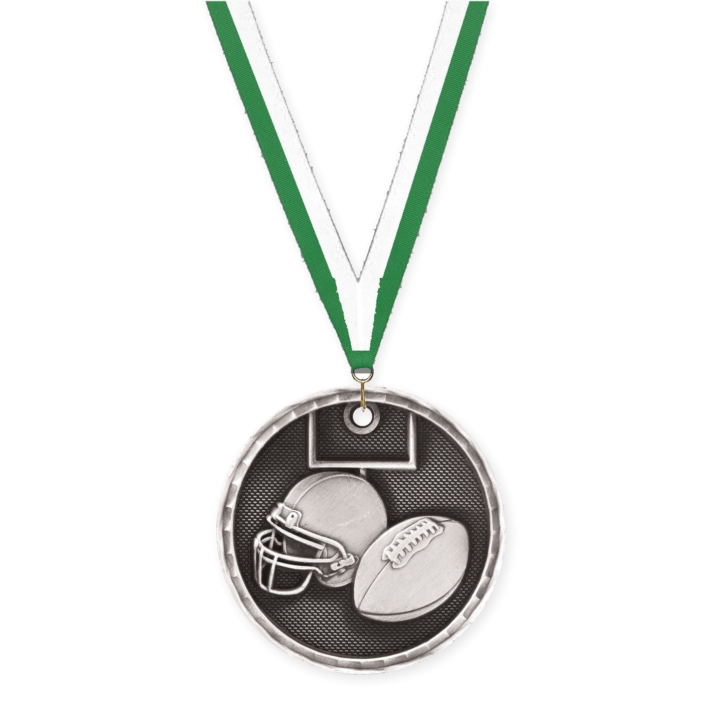 2 inch football 3-D medal in antique silver with Green White neck ribbon