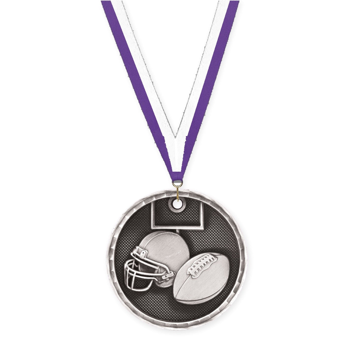 2 inch football 3-D medal in antique silver with Purple White neck ribbon