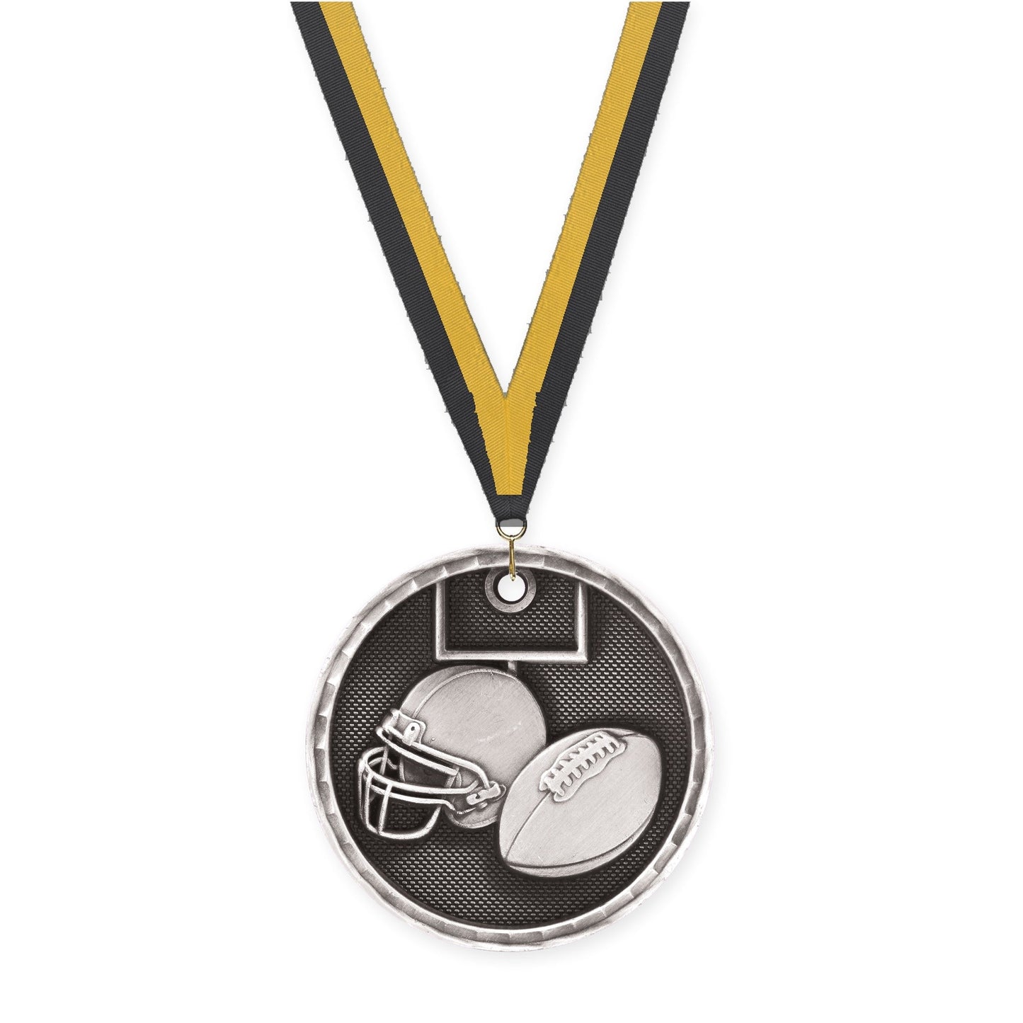 2 inch football 3-D medal in antique silver with Black Gold neck ribbon