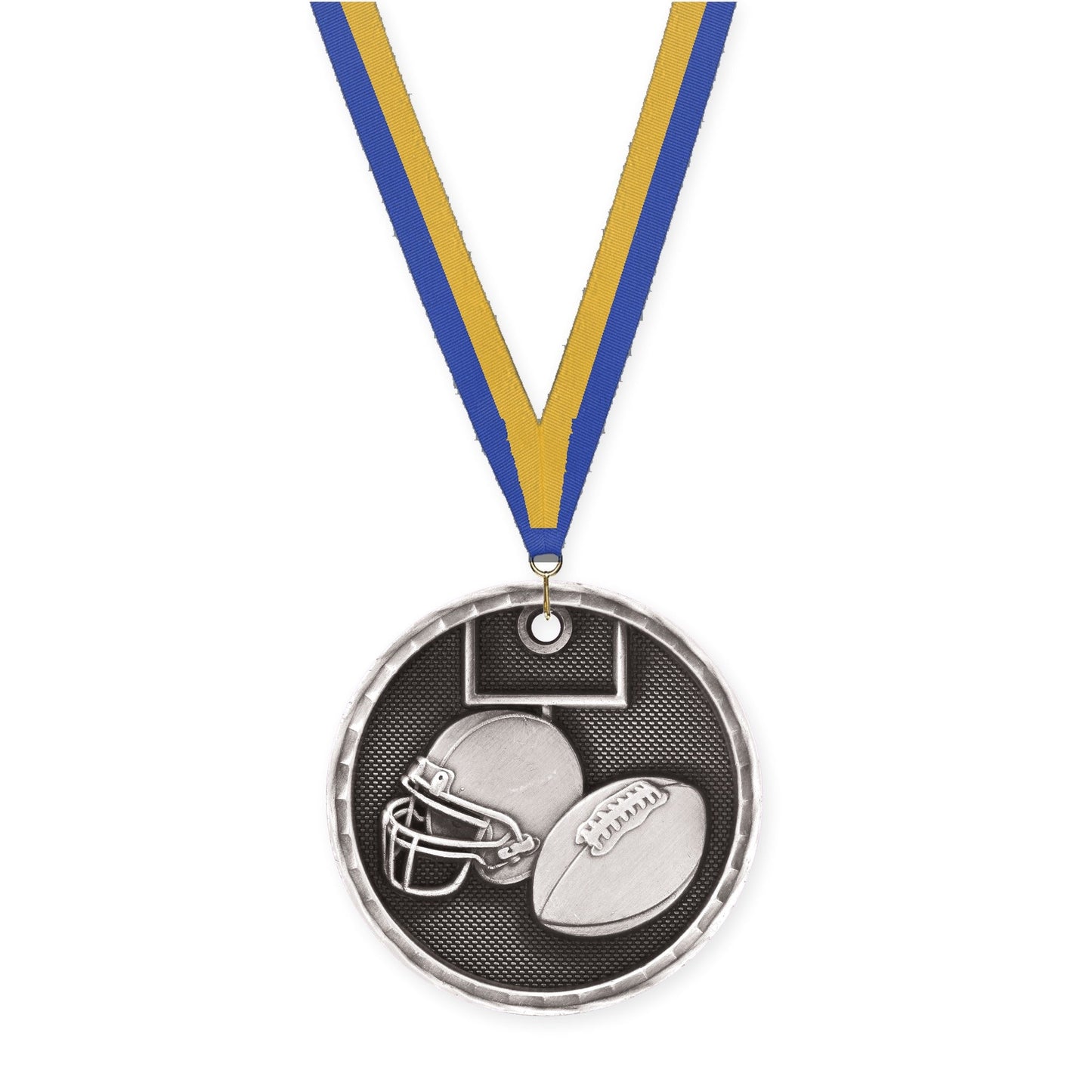 2 inch football 3-D medal in antique silver with Blue Gold neck ribbon