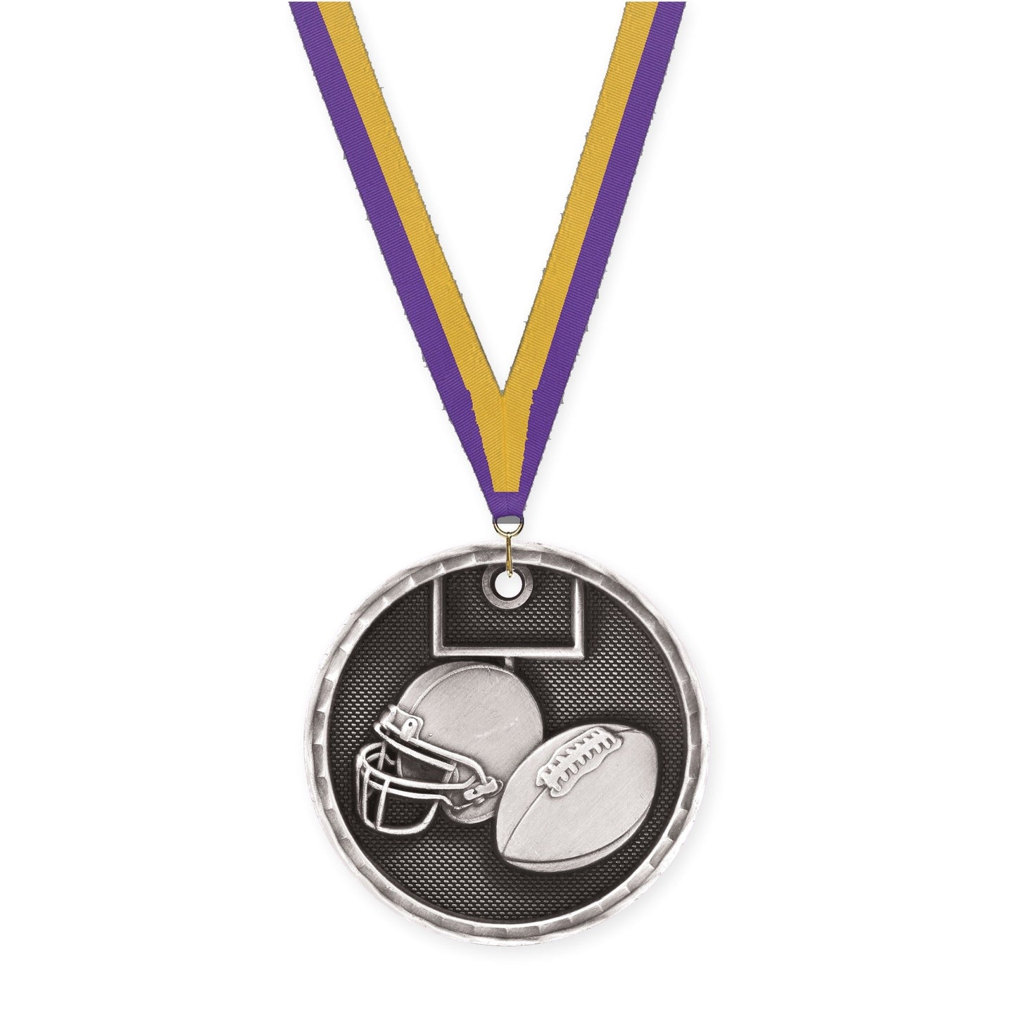 2 inch football 3-D medal in antique silver with Purple Gold neck ribbon