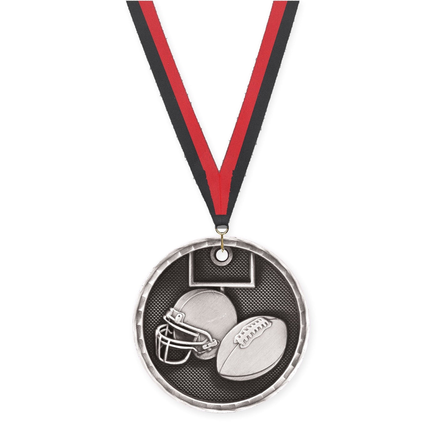 2 inch football 3-D medal in antique silver with Black Red neck ribbon