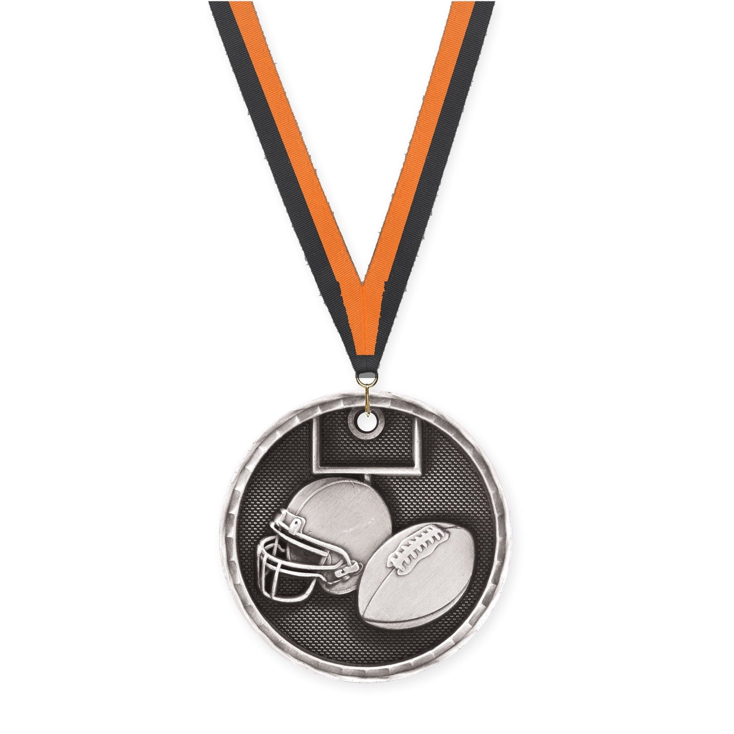 2 inch football 3-D medal in antique silver with Black Orange neck ribbon