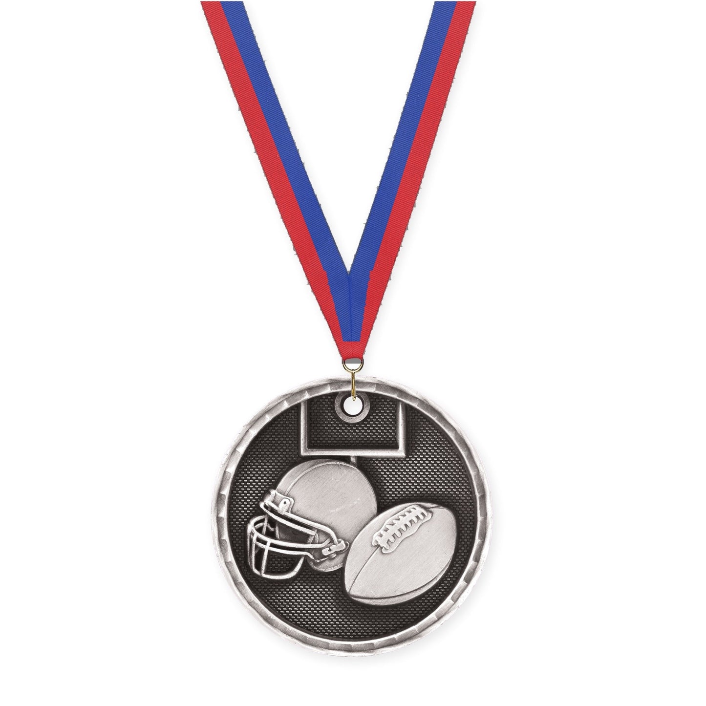 2 inch football 3-D medal in antique silver with Blue Red neck ribbon