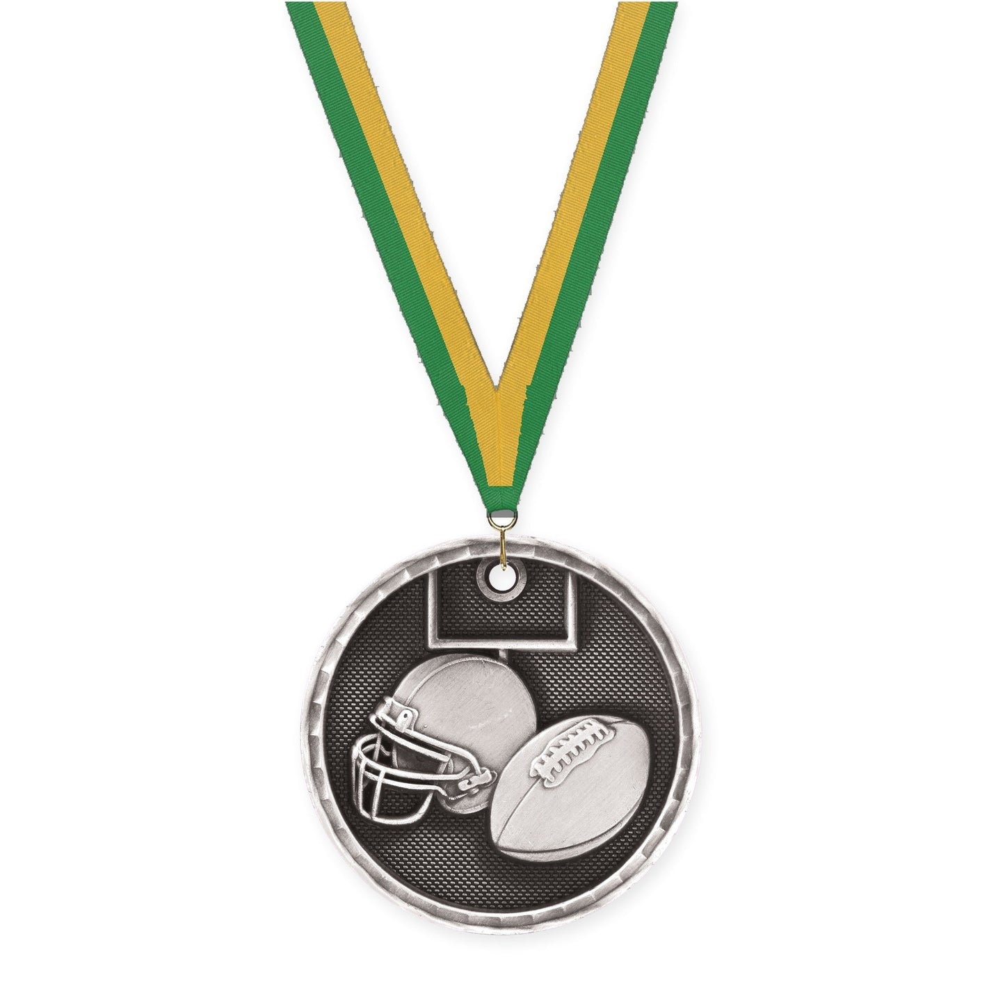 2 inch football 3-D medal in antique silver with Green Gold neck ribbon