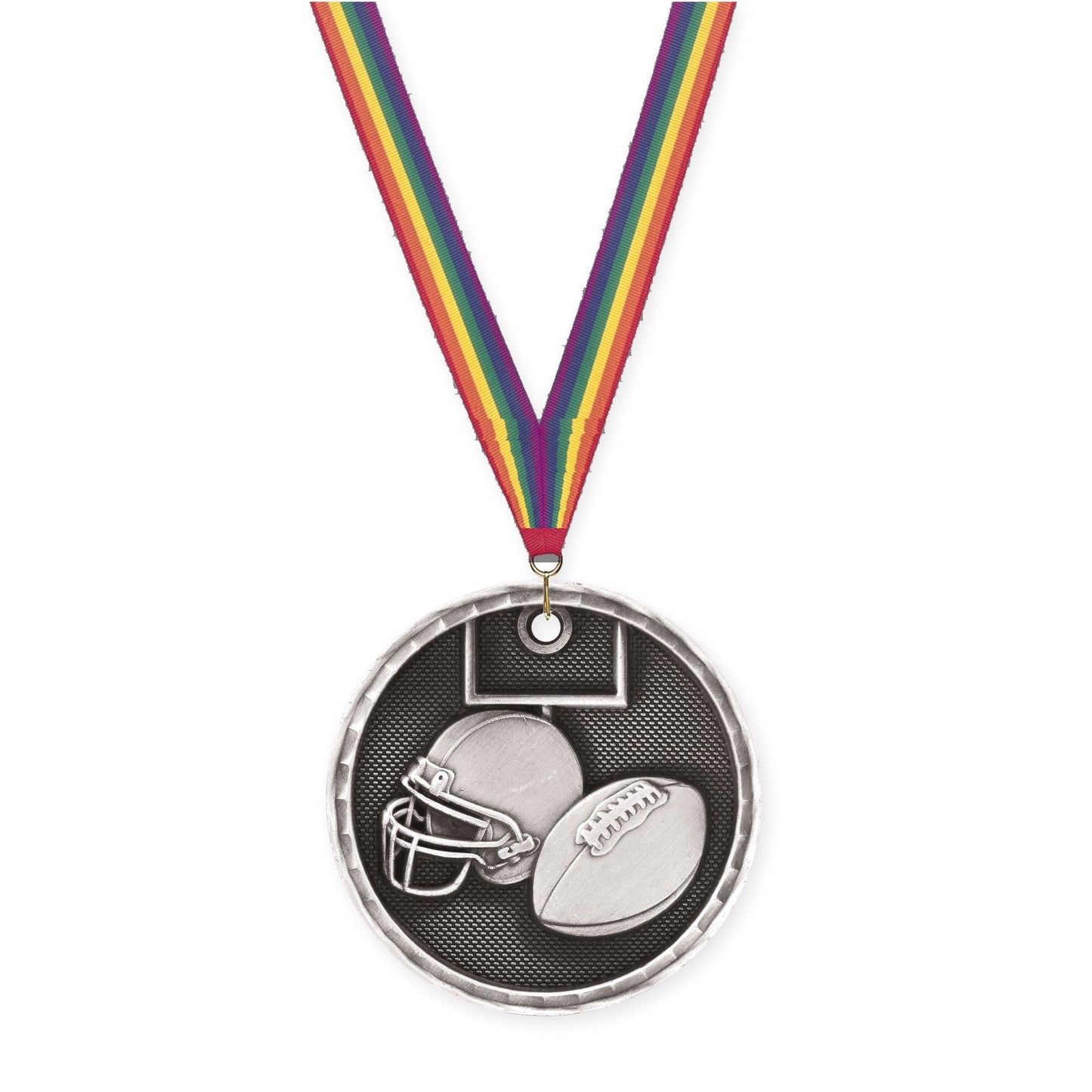 2 inch football 3-D medal in antique silver with Rainbow neck ribbon