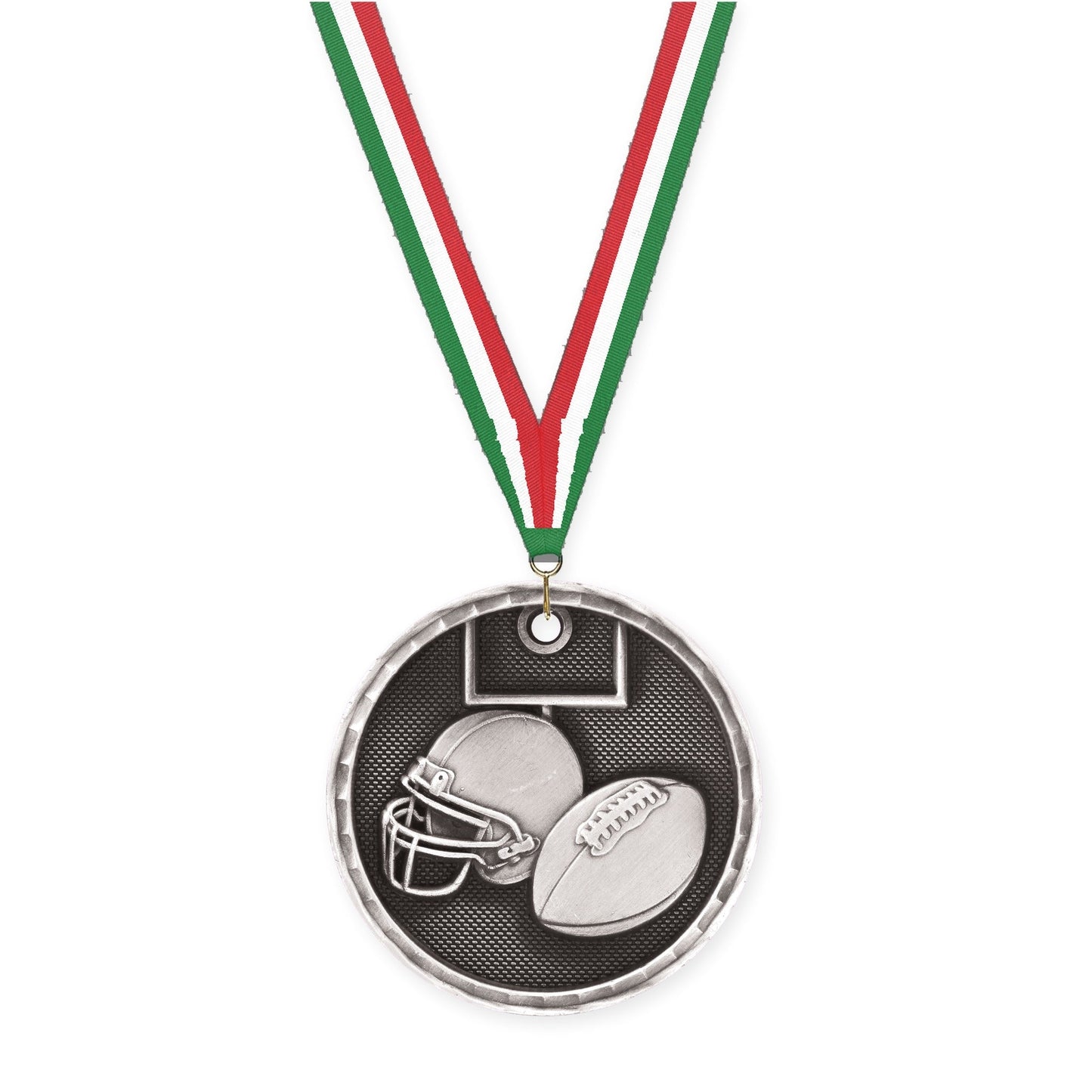 2 inch football 3-D medal in antique silver with Green White Red neck ribbon