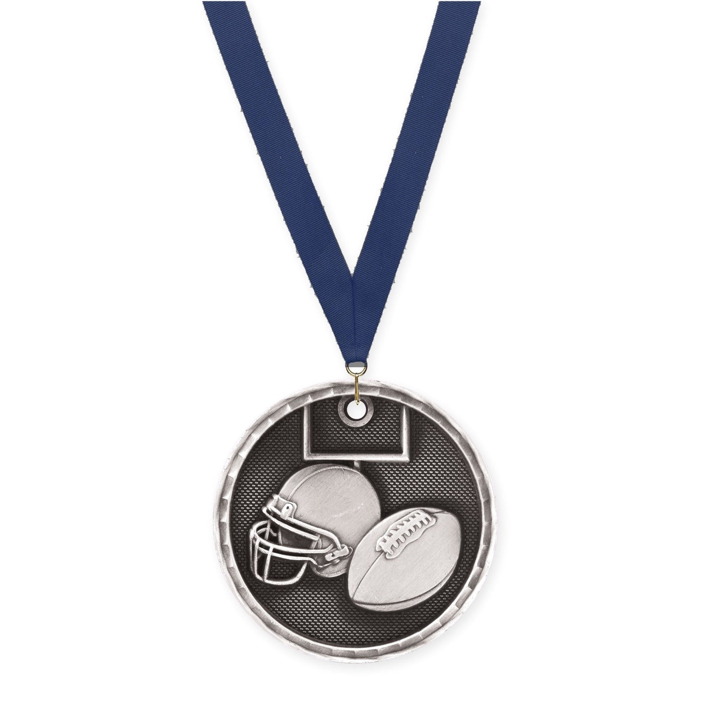 2 inch football 3-D medal in antique silver with Navy neck ribbon