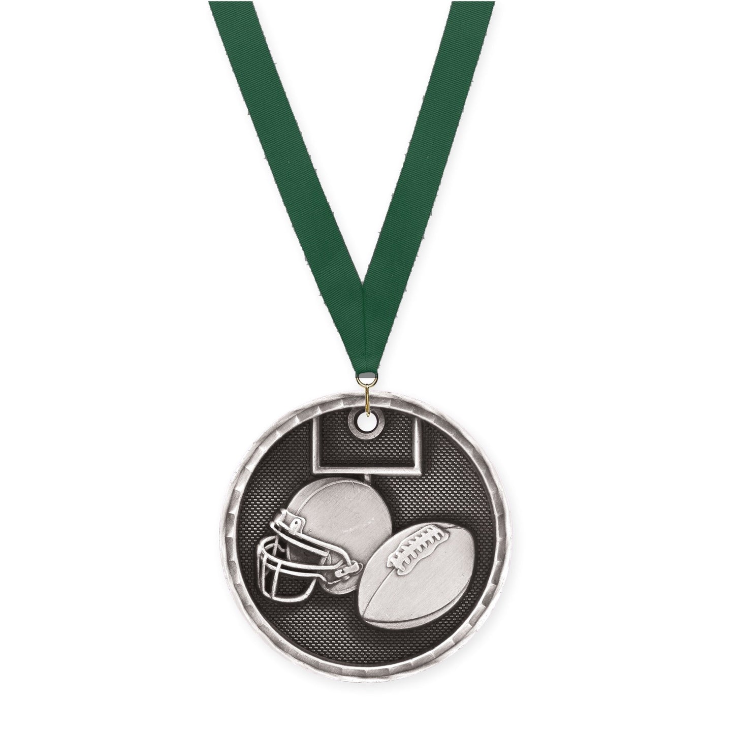 2 inch football 3-D medal in antique silver with Hunter Green neck ribbon