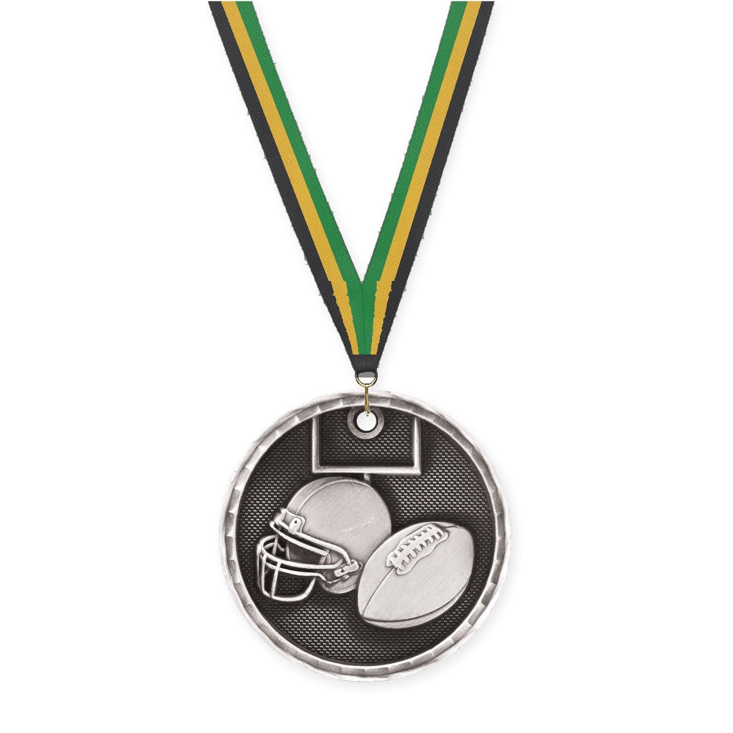 2 inch football 3-D medal in antique silver with Black Gold Green neck ribbon