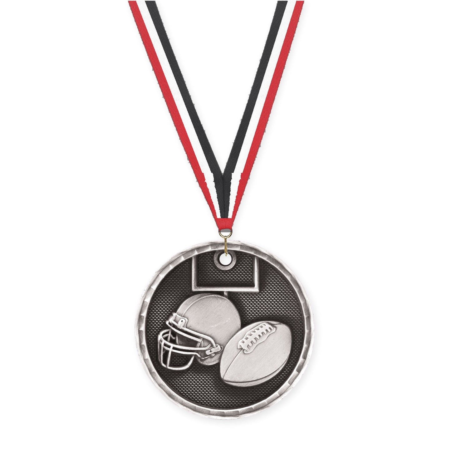2 inch football 3-D medal in antique silver with Red White Black neck ribbon